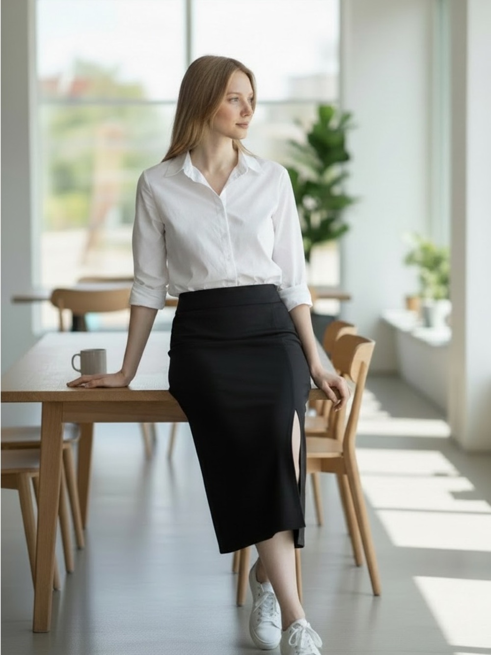 Tahari Black Midi Pencil Skirt with Side Slit